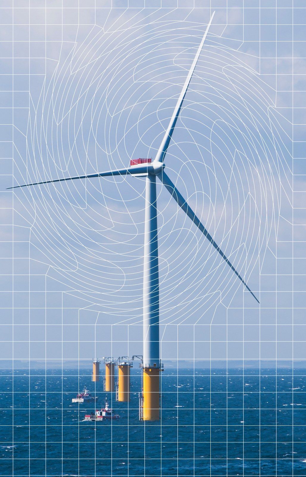 An offshore wind turbine standing in the sea beneath a pale blue sky, overlaid with white contour lines